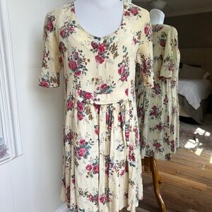 Vintage 90s Floral Midi Dress - Cream and Red
